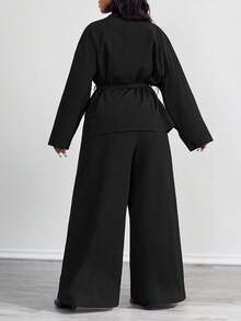 SHEIN PETITE CURVE 大码休闲系腰长袖上衣和宽松裤子两件套 - 黑色 - 查看 2