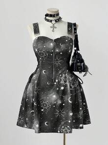 Sunspun New Fashionable Versatile Holiday Fantasy Starry Sky Print Patchwork Ruffle Tie-Up Waist Decor Zipper Front Cami Dress With Mini Skirt For Women