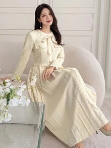 DAZY 女士优雅拼布系带中长连衣裙，秋季 - 米色 - 查看 1