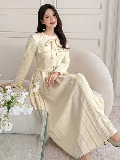 DAZY 女士优雅拼布系带中长连衣裙，秋季