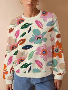 Shutterstock Glamance Glamance Shutterstock Apricot Floral Print Casual Elegant Modest Minimalist Women Long Sleeve Sweatshirt, Suitable For Everyday, Work, Outing, Office, Vintage, Travel, Christmas, Autumn/Winter Going Out Fall Chic Stylish Clothing Collection