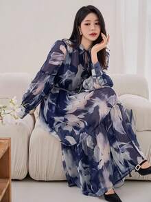 DAZY 女式花卉印花V领系带中长连衣裙，秋季 - 藍色 - 查看 1