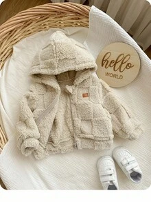 SHEIN Newborn Baby Girl Cute Fuzzy Beige Hooded Jacket, Autumn/Winter Baby Jacket Baby Hooded Jacket Warm Baby Clothes Baby Coat Baby Bear Jacket Fall