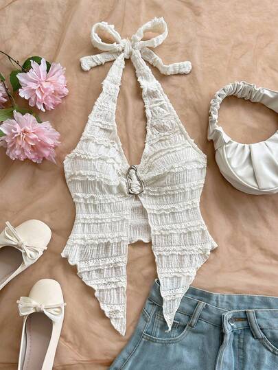 Soleia Damsemester Vit spetskant Stickad Texturerad Tyg Halterneck Rygglös Slits Fåll Åtsittande Cami Topp, Modern Metalldekoration, Sexig Stil För Strand, Musikfestival, Sommarfest