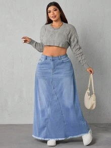 SHEIN ICON Plus Size Casual Frayed Hem Long Denim Skirt, Spring/Summer - Light Wash - View 4