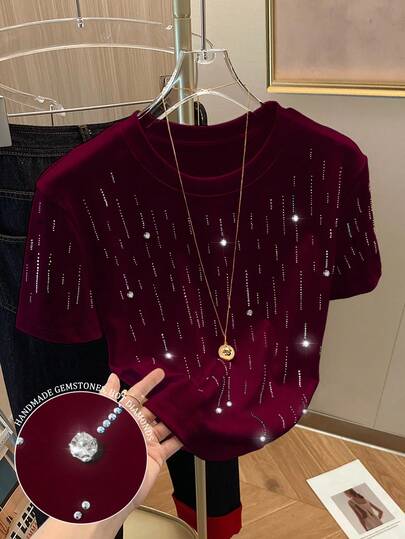 Resyla Shiny Beaded + Rhinestone Embellished Women's Regular Short Sleeve Crew Neck T-Shirt, Gift For Friends, Christmas