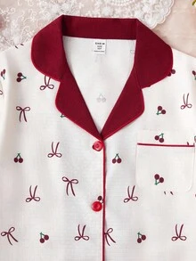 Genkimix Kids 2 件女童可爱樱桃和蝴蝶结印花长袖开衫和裤子套装，休闲舒适的家居服 - 彩色 - 查看 4