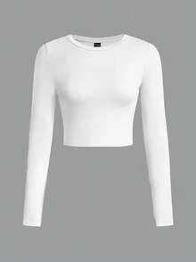 SHEIN EZwear 2 chiếc áo thun nữ cổ tròn tay dài họa tiết tối giản giản dị - Đen và trắng - Xem 3