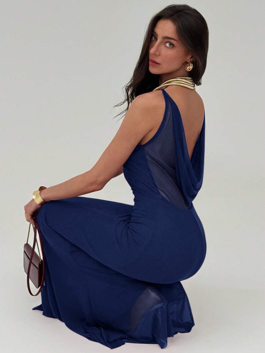 Aloruh Váy maxi lưới dài hở lưng, cổ xếp ly, màu đỏ tía lãng mạn cho ngày lễ tình nhân dành cho nữ