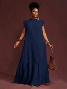 Veslaya Đầm maxi dáng rộng, màu kaki trơn, chất liệu vải dệt họa tiết, không tay, viền bèo nhún, cổ đứng, cỡ lớn, hàng mới về mùa Xuân/Hè, thích hợp cho kỳ nghỉ, thanh lịch và thường ngày. - Màu xanh hải quân - Xem 10