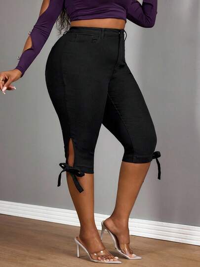 Slaydiva Plus Size Women's Black Elastic Personalized Ankle Slit Bow Sexy Skinny Capri Pants