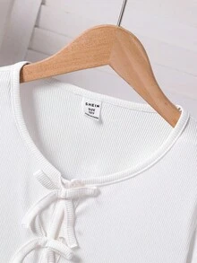 SHEIN Vintaside Kids 2 件女童休闲罗纹针织开衫，蝴蝶结装饰和简约印花吊带裙，春秋 - 藏蓝色 - 查看 4