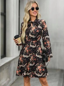EMERY ROSE Women's Floral Print Tie Neck Long Sleeve Waist Cinched Casual Mini Dress