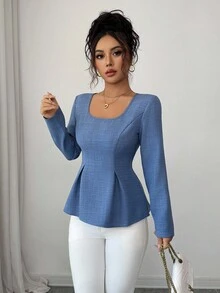 Elenzga Women's Square Neck Denim Effect A-Line T-Shirt - Blue - View 3