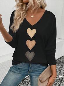 EMERY ROSE Women's V-Neck Flared Cuff, Popular Ombre Heart Print Casual Long Sleeve T-Shirt - Black - View 3