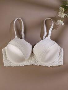 SHEIN 1pc Plus Size Lace Patchwork Underwire Bra, Lift - White - View 6