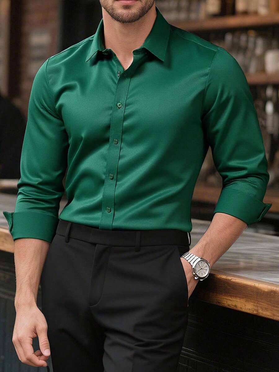 Calvornis Chemise décontractée à manches longues de couleur unie pour hommes, idéale pour le travail et les déplacements, automne