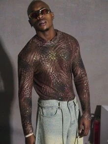PAVTROS Manfinity Streetrush Men's Digital Mesh Leopard Print Sequin Decor Turtleneck Long Sleeve T-Shirt, Casual & Streetwear,Halloween,INS Leopard Print Sheer Top For Men, Halloween Street Style, Fall And Winter Urban Fashion,Rapper T-Shirt,Boy Friend Gifts. See Through Leopard Print Top, Christmas