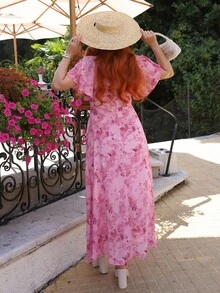 Gretanique Damen Chiffon Kleid mit Schmetterling Muster und Fledermaus-Ärmeln, plissiertes süßes französisches Sommerkleid - Pink - Übersicht 2