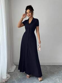 Elenzga Elegant Commuter Brown Lapel Waist Slimming Button Decor A-Line Back Bowknot Short Sleeve Maxi Dress For Women - Navy Blue - View 4