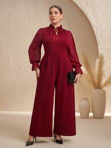 SHEIN Clasi Mono elegante para mujer de talla grande, color vino tinto, de manga larga, con bolsillos, adecuado para ir al trabajo, monos rojos de otoño/invierno para mujer de talla grande, traje de pantalón elegante, monos para mujer, atuendo de oficina para mujer - Burdeos - Ver 5