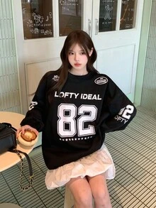 DAZY 女士休闲宽松字母印花长袖运动衫，街头风格韩国时尚秋冬 - 黑色 - 查看 6