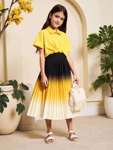 Tween Girls 优雅渐变色吊带连衣裙 + 简约短袖衬衫 2 件套，夏季假日休闲装 - 黃色 - 查看 4