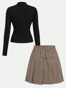 SHEIN Girlism 少女秋季校园风校园装，黑色立领针织毛衣长袖 T 恤 + 卡其色格子百褶裙休闲两件套，适合秋冬季分层搭配，返校季，女童 T 恤套装 - 黑色 - 查看 2