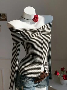 Comfortcana Áo thun nữ dài tay trễ vai kẻ sọc xếp nếp thường ngày - Đen và trắng - Xem 6
