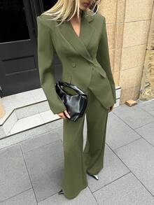Aloruh Bộ vest blazer và quần âu cơ bản dành cho nữ, mặc đi làm và mặc hàng ngày, mùa thu - Màu xanh Ô liu - Xem 5