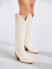 Solezae Glamorous Women's Western Style Faux Leather Pointed Toe Block Heel Embroidered Cowboy Boots Rodeo Holiday Fun Comfort Shoe - White - View 7