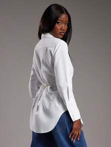 NYA SZN Long Sleeve Button Up Collar Loose Oversized Everyday Casual Business School Workwear Casual Streetwear Church Modest Elegant White Summer Fall - White - View 2