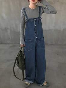FRIFUL Women's Pocket Design Button Front Casual Wide Leg Jumpsuit Overalls - Blue - View 5