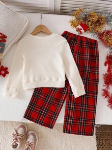 Genkimix Kids 女童可爱红色格子蝴蝶结上衣和阔腿格子裤套装 - 杏色 - 查看 2