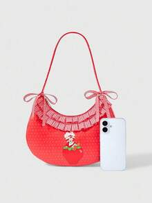 Strawberry Shortcake | ROMWE Women's Fashion Polka Dot & Strawberry Print Ruffle Shoulder Bag, Strawberry - Red - View 4