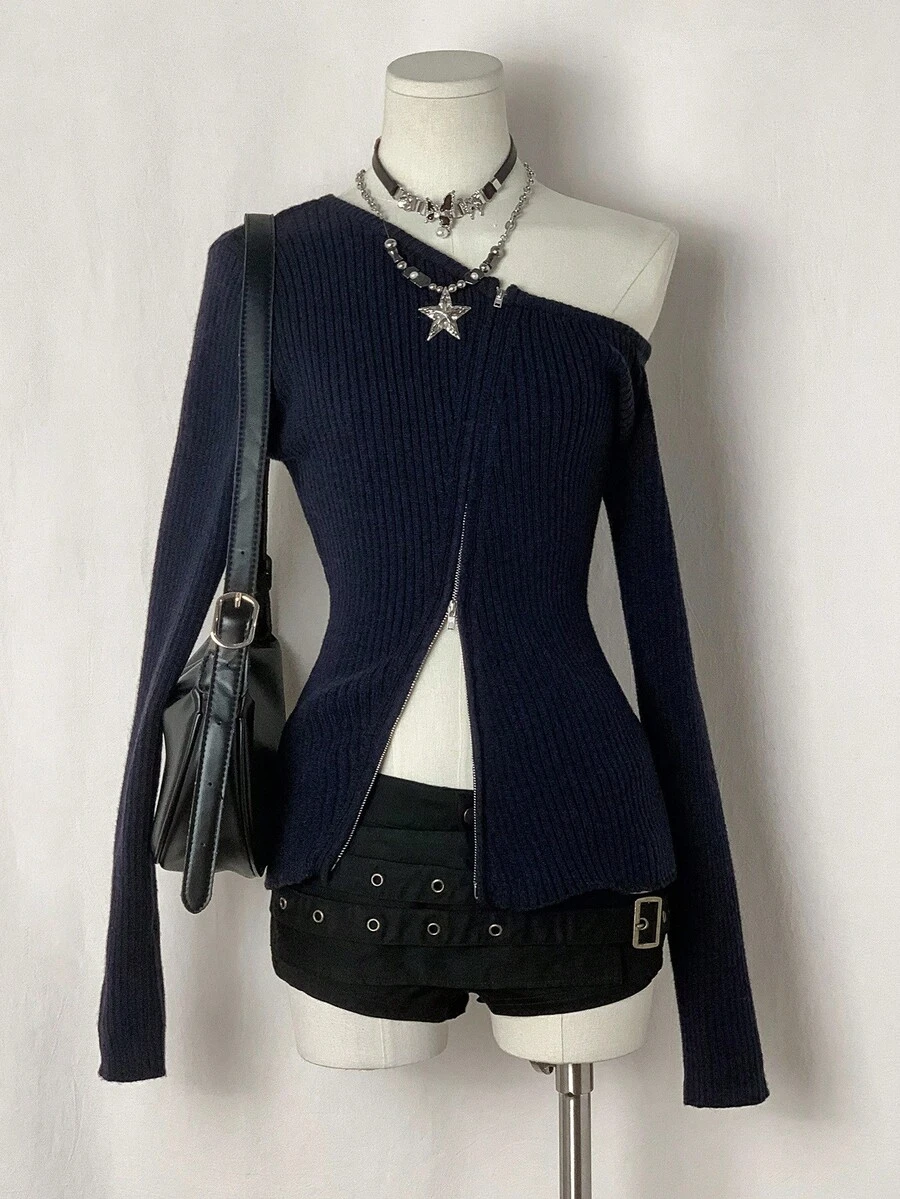 EgrlEra Women's Minimalist & Sweet Blue Asymmetrical Shoulder Long Sleeve Zip-Up Crew Neck Cardigan Knit Sweater, Autumn/Winter, Navy Blue Sweater - Royal Blue - View 1