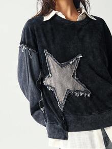 Bohemela 秋季波西米亚乡村音乐节万圣节休闲纯色拼布圆领宽松水洗女式运动衫 - 黑色 - 查看 6