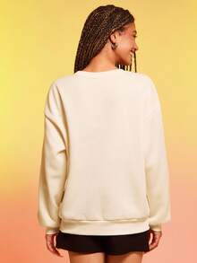 SpongeBob SquarePants | SHEIN 女士休闲卡通图案宽松落肩卫衣，秋季 - 杏色 - 查看 2