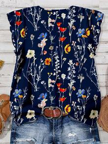 EMERY ROSE 女士休闲花卉图案V领衬衫，适合夏季 - 藏蓝色 - 查看 2