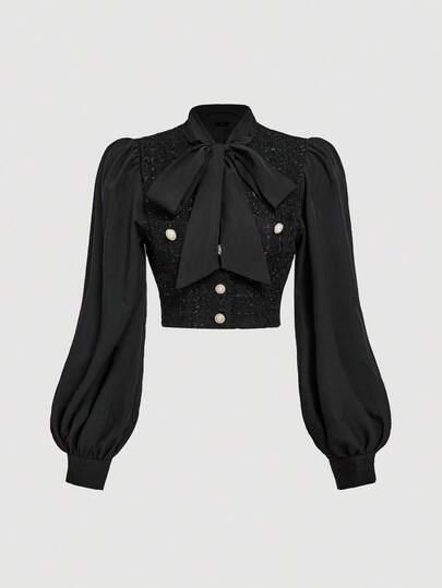 SHEIN MOD Vintage Cute Tweed Ladies Blouse, Black, Business/Commute Attire, Old Money Style, Bow Shirt,Black Tops