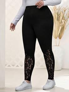 Rosumi Plus Size Women's Spring Contrast Black Lace Leggings,Summer - Black - View 3