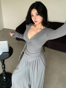 DAZY 女士休闲纯色V领T恤和阔腿裤两件套，秋季女士家居服套装 - 灰色 - 查看 5