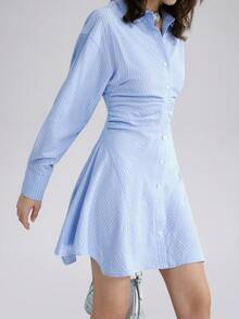 Airlisse 女士秋冬时尚通勤翻领百褶A字短裙，纽扣前开襟衬衫裙，户外连衣裙，女士秋冬连衣裙 - 藍色 - 查看 1