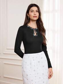 Miaspire Autumn And Winter Women's Warm TEE, Exquisite Hot Diamond Collar, Elegant Party Top, Versatile Black Top, Women's Wedding Guest Top, Fashionable Going Out TEE, Party TEE Rhinestone Top Long Sleeve Black Top Black Rhinestone Top Rhinestone Shirt Long Sleeve Rhinestone Top,Winter Tee,Prom Tee,Sparkly Top, Fall Clothes For Women,Lack Tee