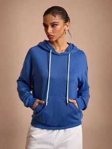 Streetz SHEIN Sport Áo nỉ trùm đầu tay dài hở vai màu trơn có dây rút cho nữ - Màu xanh lam - Xem 7