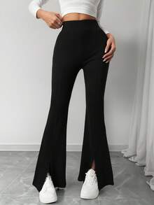 SHEIN 青少年女孩休闲喇叭裤，侧开衩，百搭别致学院风长裤