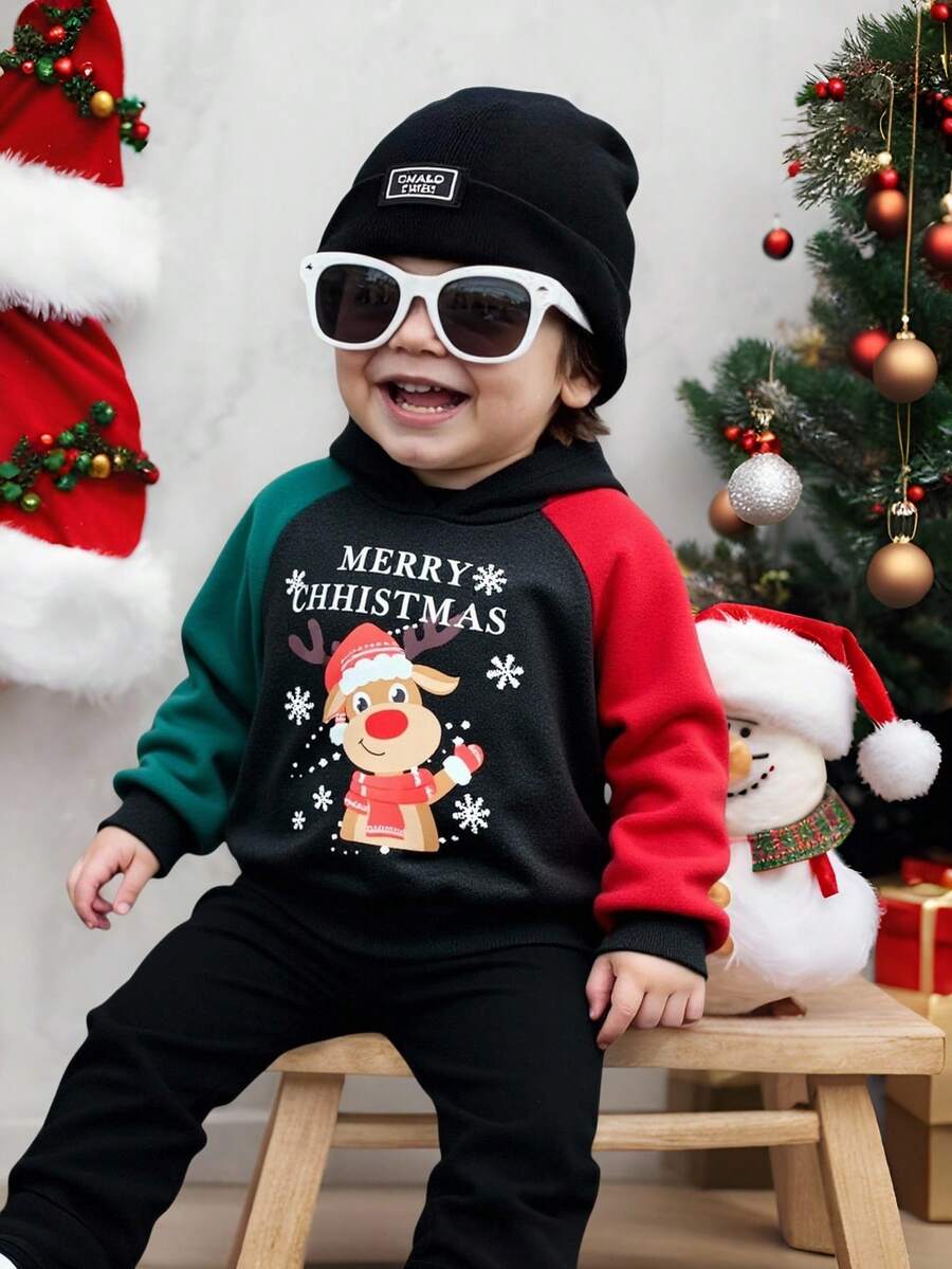 Moletom infantil para menino com estampa de letras e blocos de cores, manga raglan, Feliz Natal, estampa de renas natalinas. Moletom macio e grosso de malha com gola redonda, ideal para outono/inverno. - Multicolorido - Ver 1