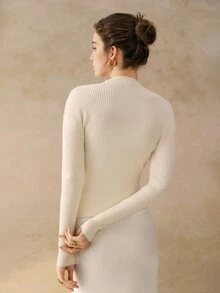 Cévolie 优雅不对称下摆针织长袖，秋冬 - 杏色 - 查看 3