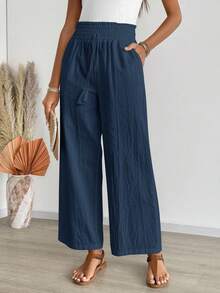 EMERY ROSE 女式休闲纯色抽绳口袋阔腿裤 - 藍色 - 查看 3