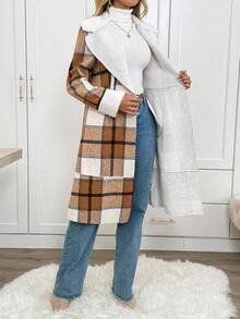 SHEIN LUNE Women's Casual Plaid Thermal Lined Pocket Lapel Coat Fall Winter Women's Winter Coat Casual Work Fall Winter - Multicolor - View 13